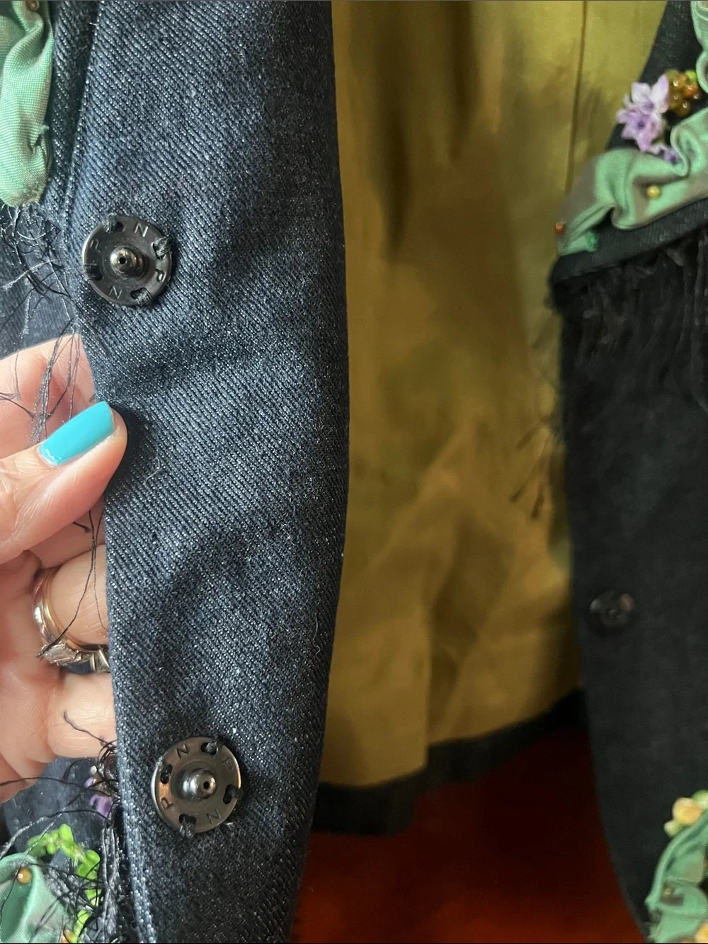 RARE MARY FRANCES Black Denim Jacket with Beaded/Embellished Fruits Size Small - Picture 13 of 16